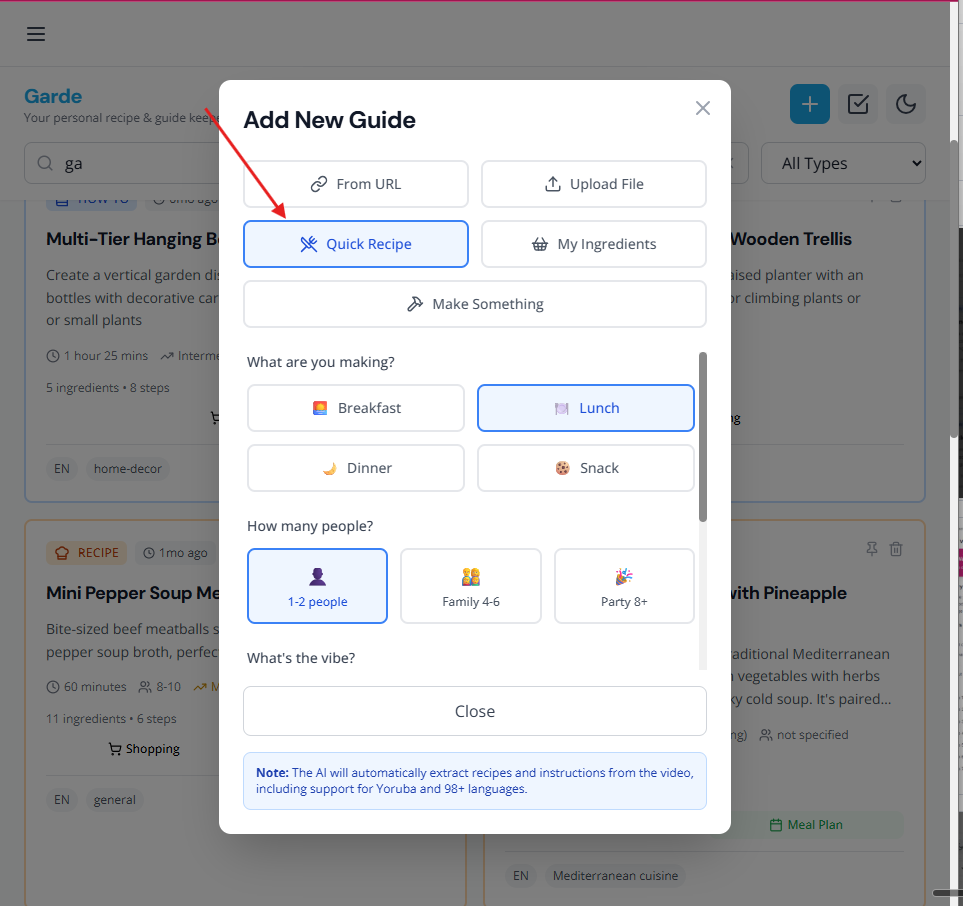 Quick recipe with AI feature on Garde DIY & recipe app