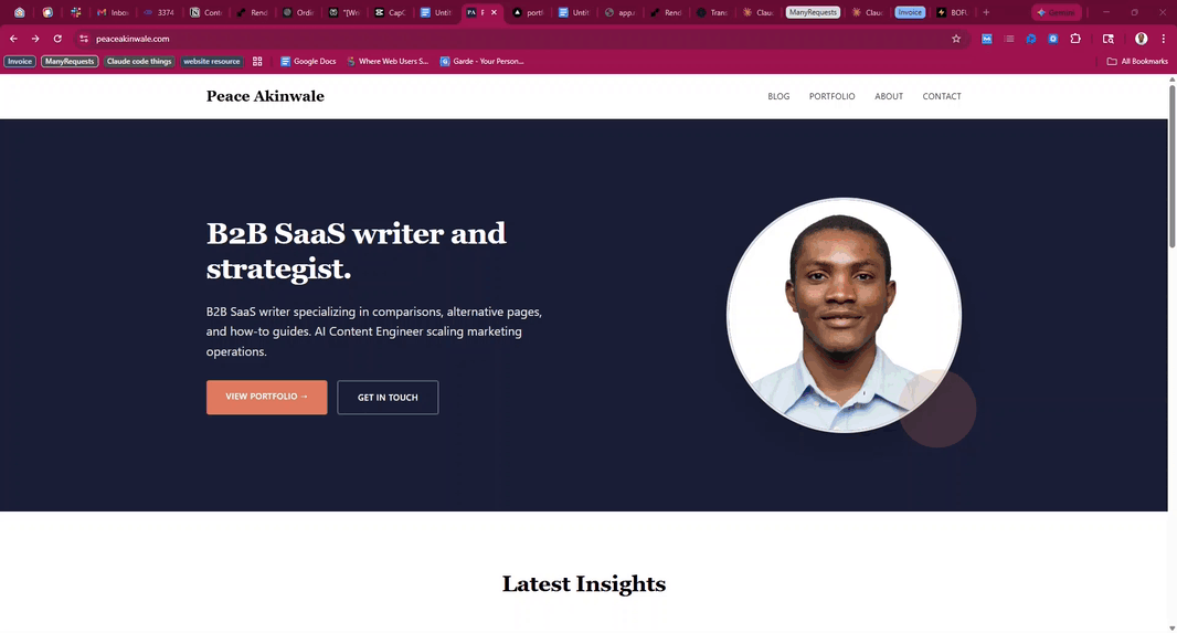 new custom portfolio: Peace Akinwale's editorial-style site with a featured article hero, magazine-style grid, and clean navigation