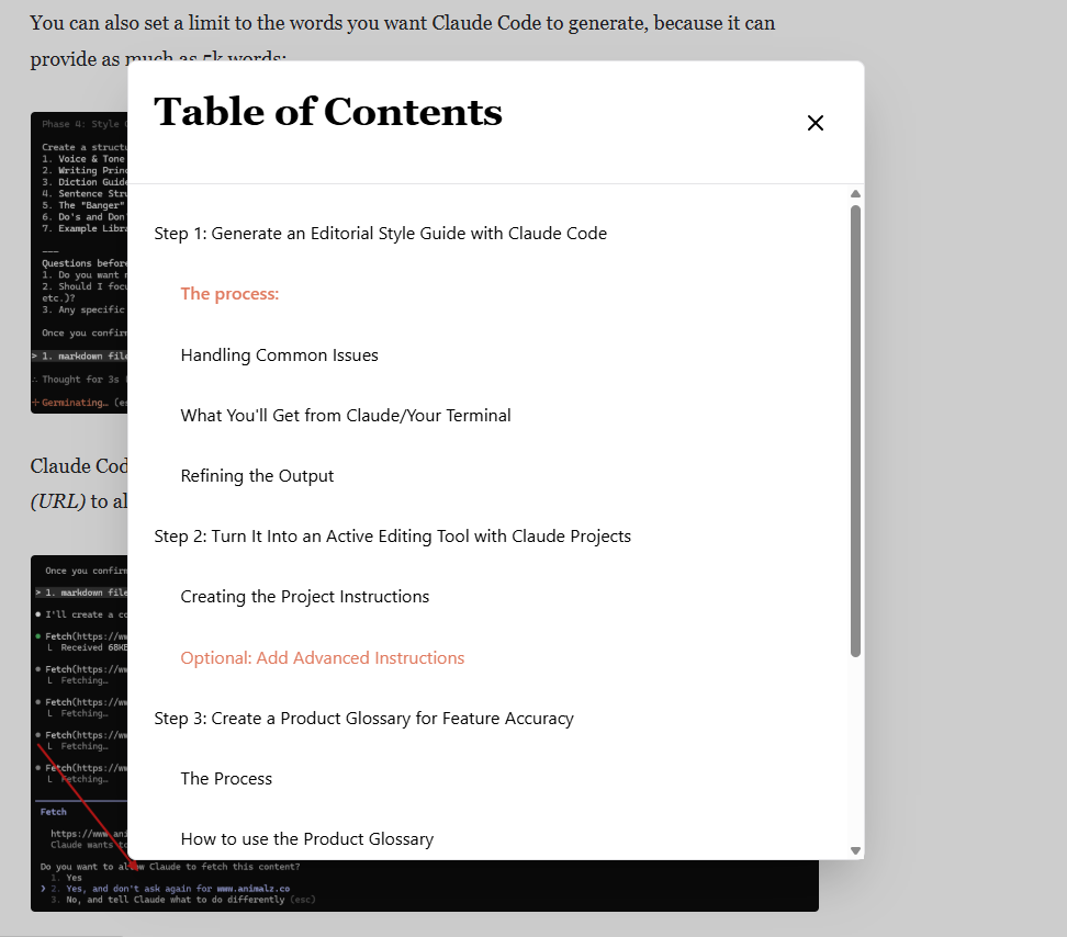 table of contents modal