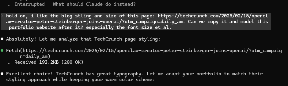 Claude Code terminal showing a fetch from a TechCrunch article URL, returning a detailed design and typography analysis: font families, heading scales, line heights, color palette