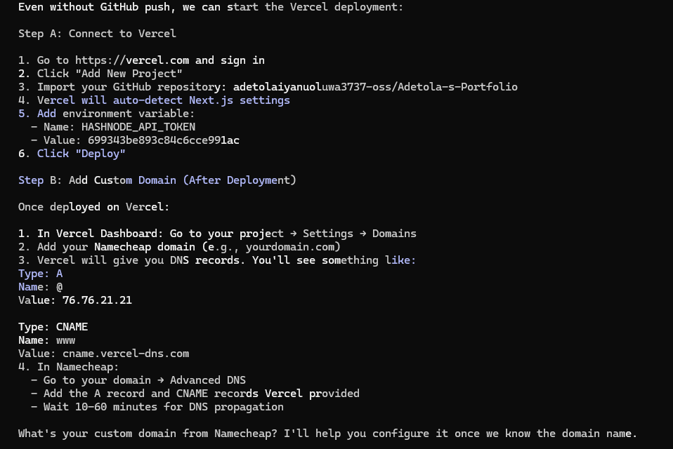 Claude Code terminal showing deployment guidance, walking through GitHub push, Vercel connection, and domain setup steps