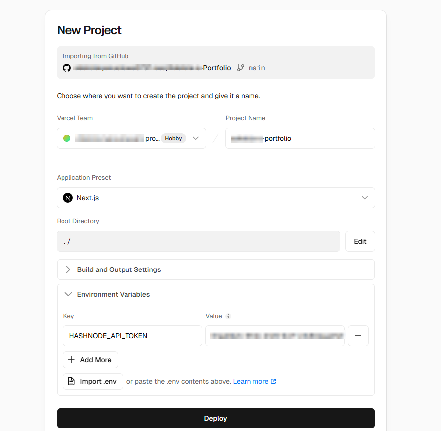 Vercel "New Project" screen showing a Portfolio repo being imported from GitHub, with Next.js selected as the application preset and the HASHNODE_API_TOKEN environment variable already filled in