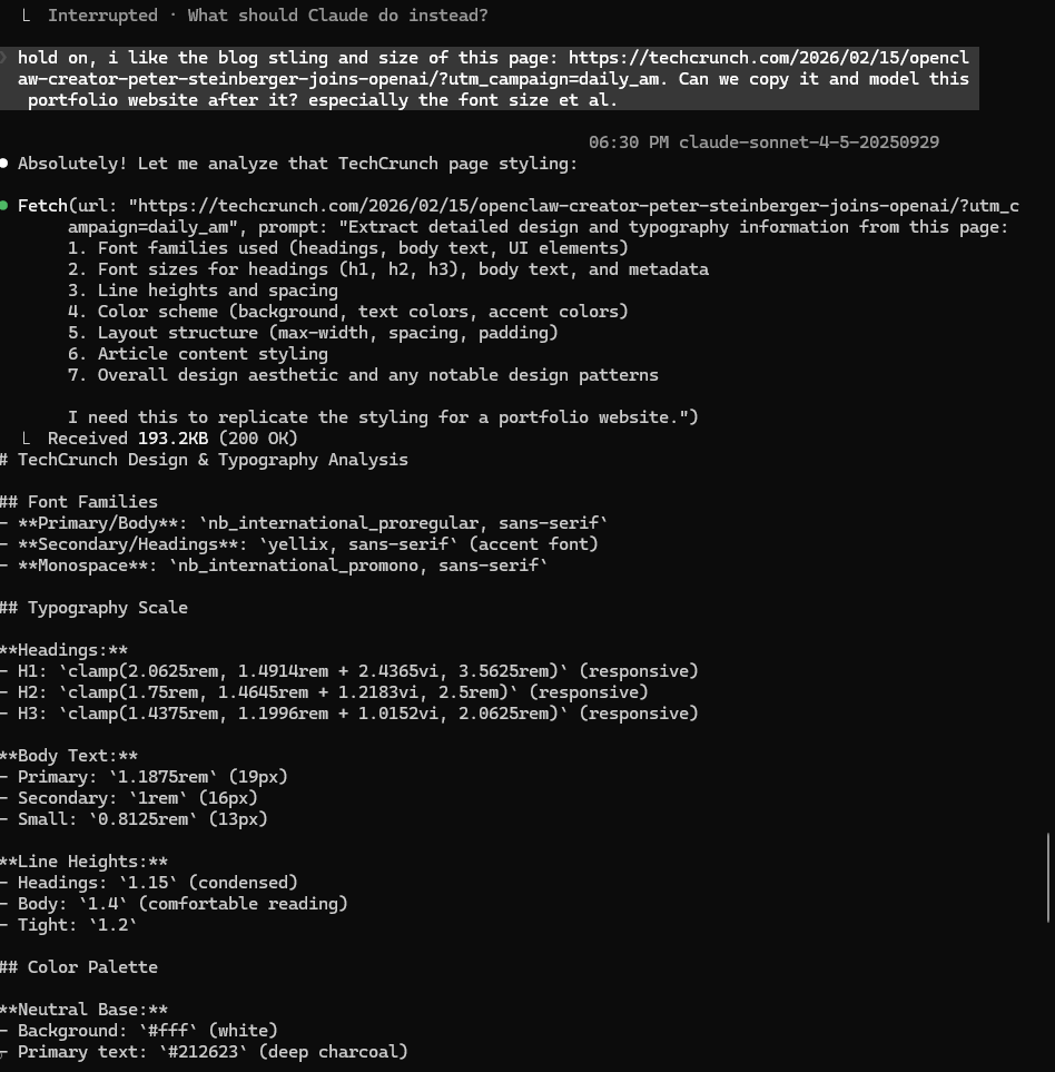Claude Code expanded view showing the full TechCrunch design analysis broken down into font families, typography scale, color palette, and layout structure
