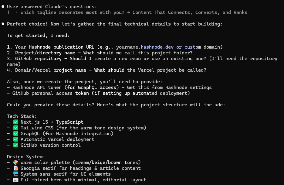 Claude Code terminal asking for Hashnode publication URL, GitHub repository name, and local project folder path, with Option 1 (manual setup) and Option 2 (Claude creates the repo via CLI) visible