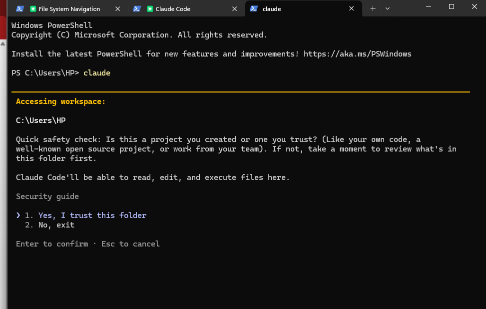 Windows PowerShell terminal showing "claude" typed at the prompt, Claude Code launching with a workspace safety check asking the user to confirm they trust the folder