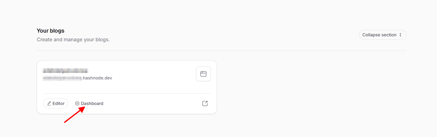 Hashnode blog dashboard showing the live blog