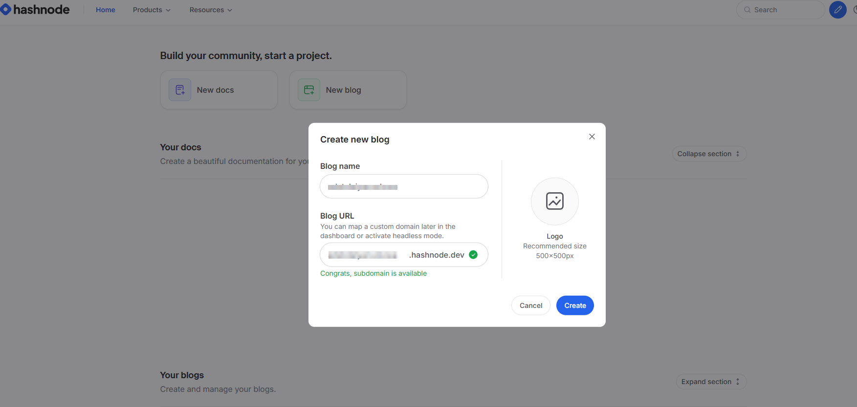 Hashnode "Create new blog" modal with Blog name and Blog URL fields, showing "Congrats, subdomain is available" in green