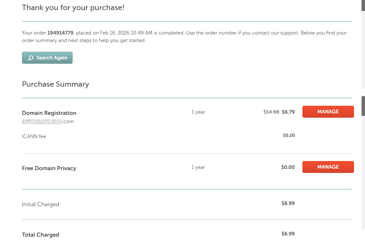 Namecheap purchase confirmation showing Domain Registration at $6.79, ICANN fee $0.20, Free Domain Privacy, Total Charged: $6.99