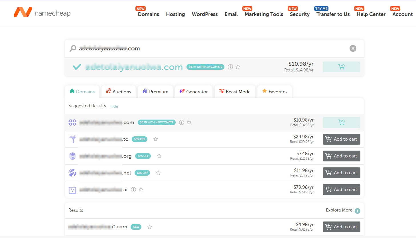 Namecheap domain search page showing a .com domain available at 10.98/yr