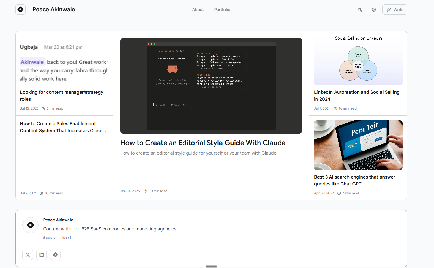 old Hashnode portfolio: a plain "Blog" header, search bar, and three article cards in a basic grid layout