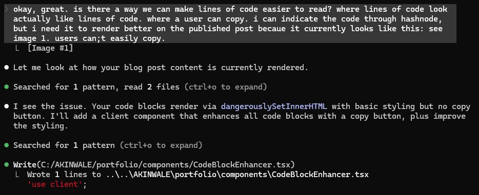 Asking Claude Code to make lines of code visible on the blog.