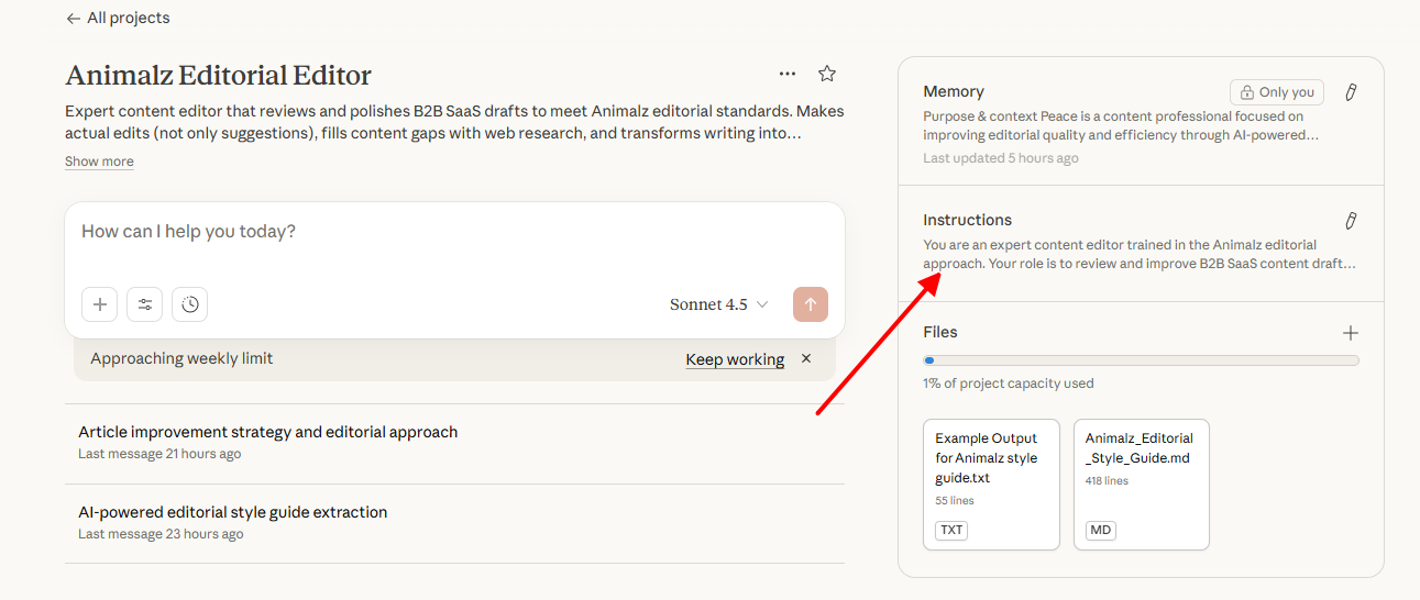 The style guide loaded as instructions in a Claude Project