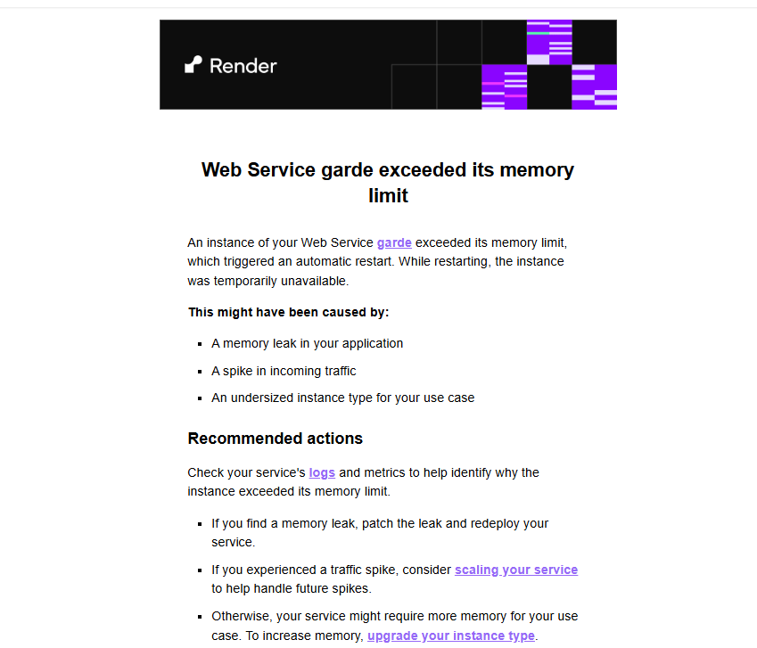 Render crash email — a server memory error notification from the backend