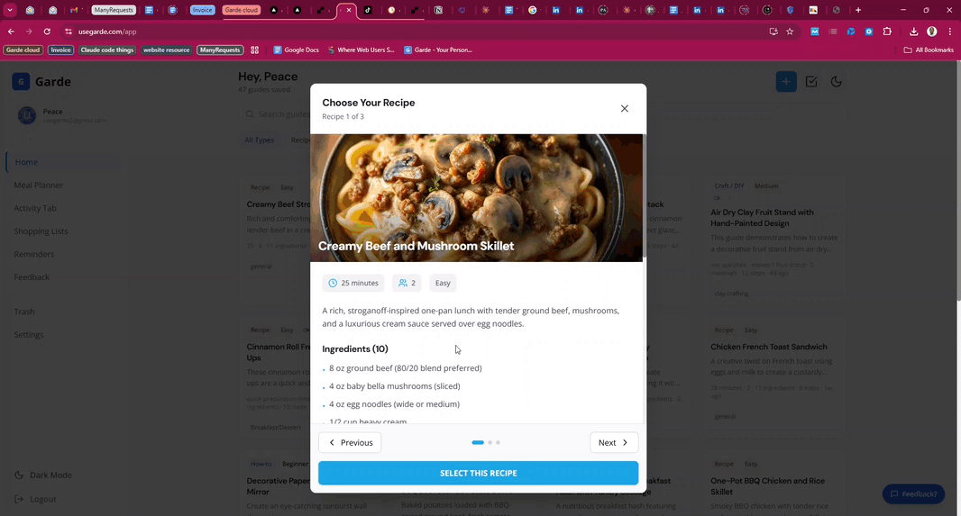 Recipe generation in action — a GIF showing Garde producing three personalized meal ideas