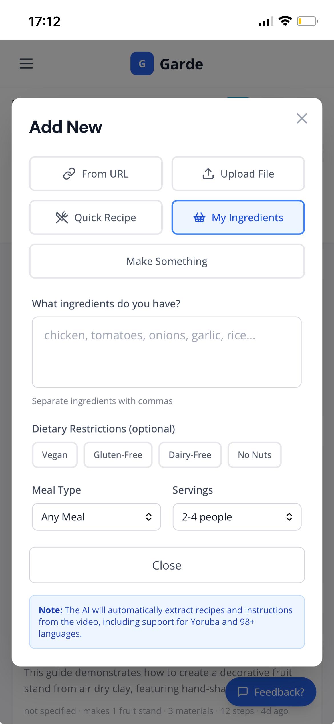 My Ingredients feature — a UI showing fridge-based meal suggestions generated by Garde