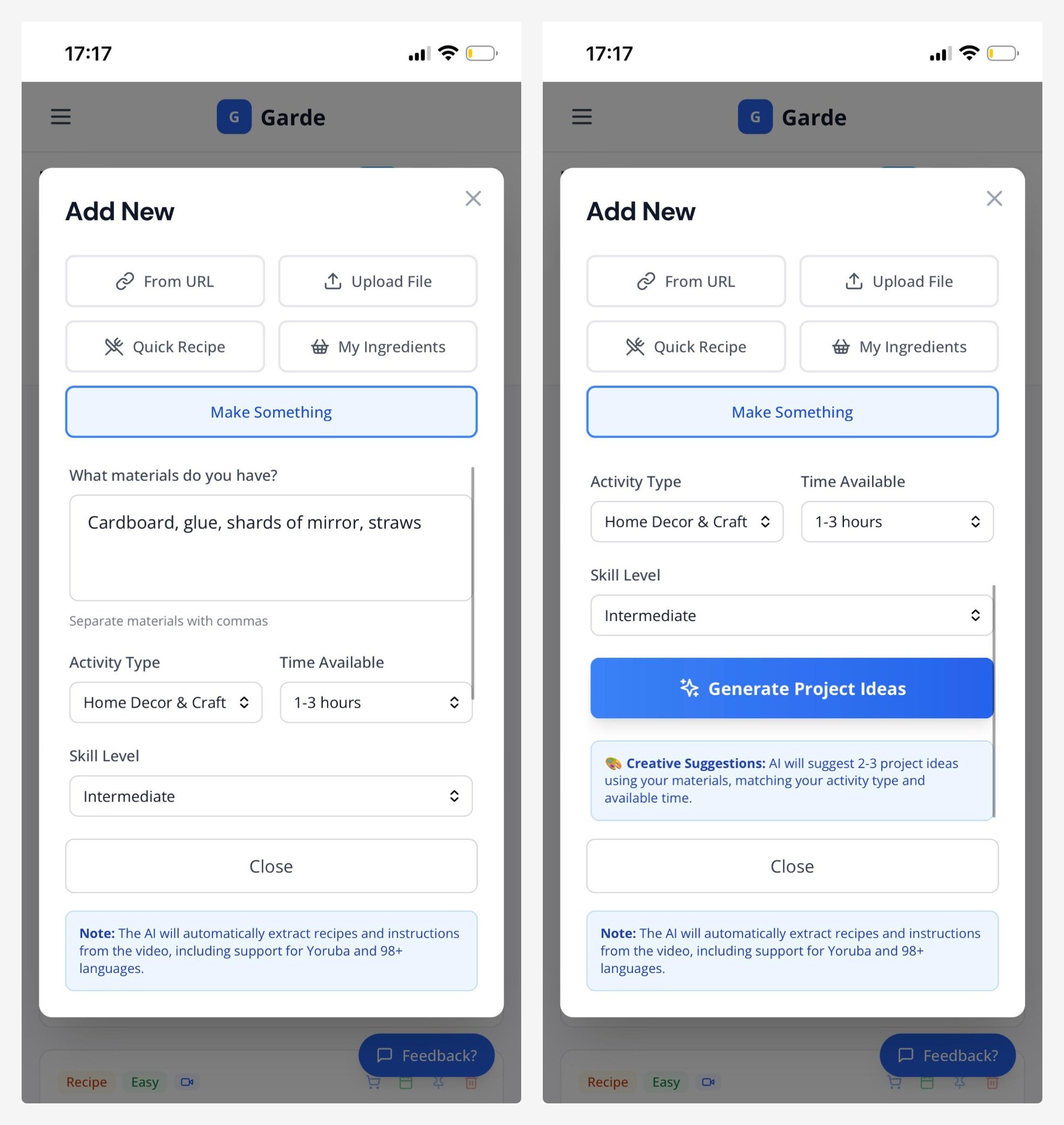 Make Something feature combined view — the DIY project idea generator showing input & output screens