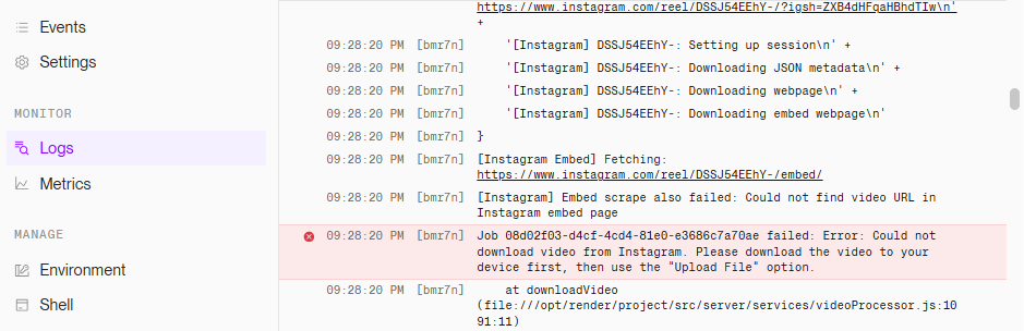 User-facing error message — what Garde showed the user when the Instagram extraction failed