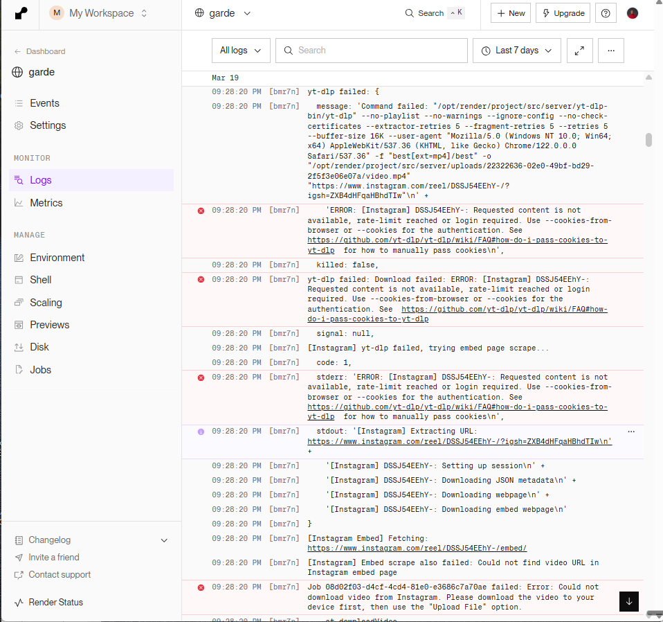 Failure log — the server error returned after the Instagram extraction attempt
