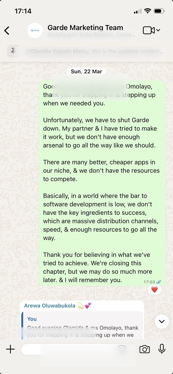 Message to the Garde marketing team announcing the shutdown — blurred to protect the team's privacy