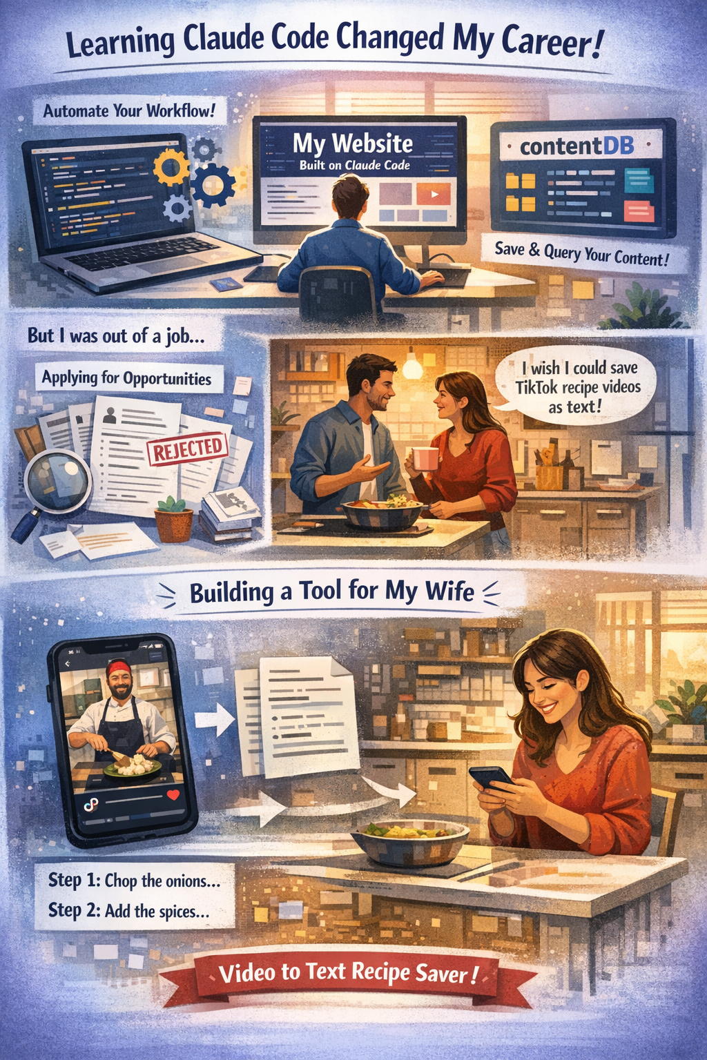 An illustrated comic strip showing three scenes: learning Claude Code & building contentDB, getting rejected while job hunting, & the moment my wife asked for a TikTok recipe-to-text tool — the idea that became Garde