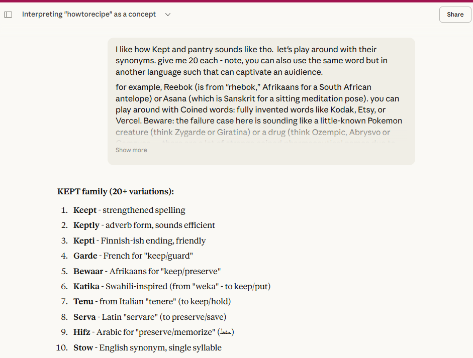 A Claude chat showing 20 naming variations for the app — including Garde (French for "keep/guard"), Bewaar, Katika, & others — generated while brainstorming what to call HowToKeep