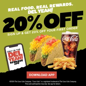 Graphic text at the top reads 20 under $2 menu. Below are four menu item photos with text labels. The labelled menu items are Strawberry Sprite®, Chicken Tacos Del Carbon, Chicken Cheddar Rollers, and the Snack Queso Quesadilla. Below is a text in a box that reads view full menu. Fine print underneath states: Price and participation may vary. ©2023 The Coca-Cola Company. “Sprite” is a registered trademark of the Coca-Cola Company.