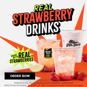 Graphic text at the top reads 20 under $2 menu. Below are four menu item photos with text labels. The labelled menu items are Strawberry Sprite®, Chicken Tacos Del Carbon, Chicken Cheddar Rollers, and the Snack Queso Quesadilla. Below is a text in a box that reads view full menu. Fine print underneath states: Price and participation may vary. ©2023 The Coca-Cola Company. “Sprite” is a registered trademark of the Coca-Cola Company.