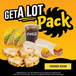 Graphic text at the top reads 20 under $2 menu. Below are four menu item photos with text labels. The labelled menu items are Strawberry Sprite®, Chicken Tacos Del Carbon, Chicken Cheddar Rollers, and the Snack Queso Quesadilla. Below is a text in a box that reads view full menu. Fine print underneath states: Price and participation may vary. ©2023 The Coca-Cola Company. “Sprite” is a registered trademark of the Coca-Cola Company.