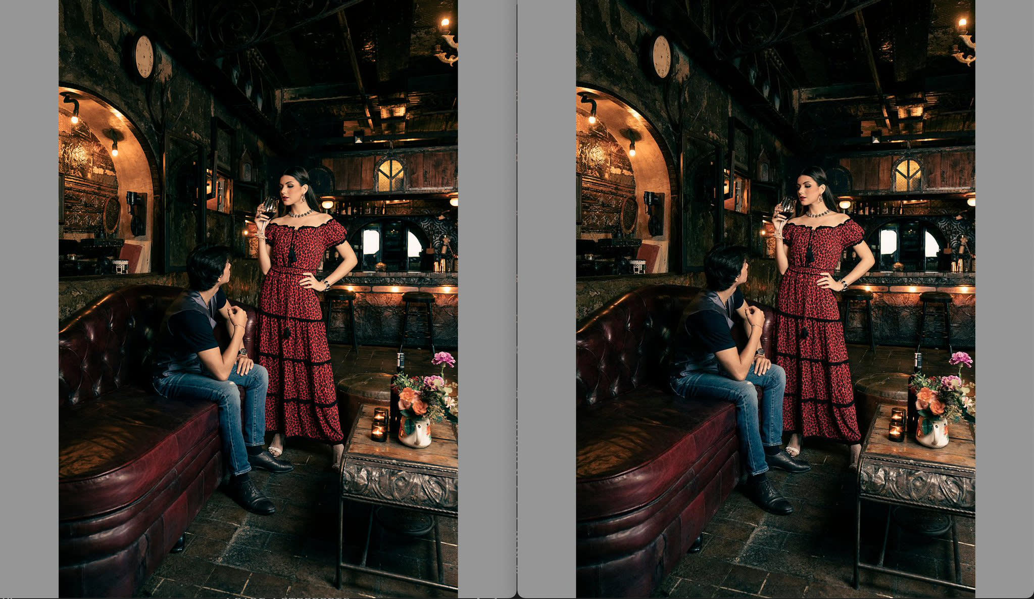 Two images of a same photo are side-by-side. In both, a woman in a tango red dress stands while holding a wine glass in her right hand. She looks down at a man sitting on a leather sofa. The photos are nearly identical with the exception of a subtle shift in color of the dress.