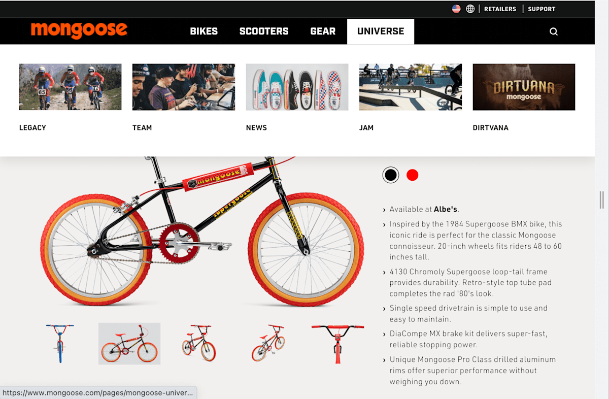 A screenshot of the Supergoose page on a wide screen. The Universe menu item is selected opening up five menu options Legacy, Team, News, Jam and Dirtvana. Above each menu item are the mystery images from above.
