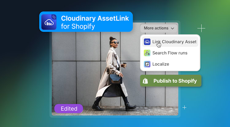 Image showing woman in trenchcoat walking with the Cloudinary Shopify app Assetlink displayed representing the Shopify DAM from Cloudinary