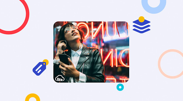 Image showing a girl putting on headphones with add watermark to image of Cloudinary logo