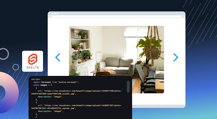 Image showing graphic representation of a Svelte image carousel including an image of a room, Svelte code, and the Svelte logo