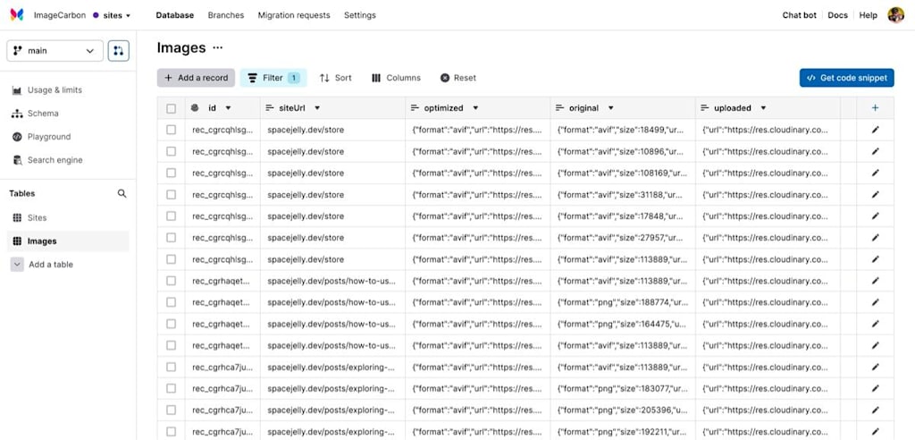 Images table showing stored data