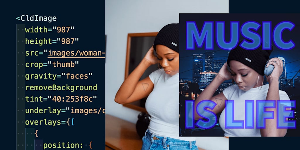 Code snippet showing transforming woman with headphones into square image with text