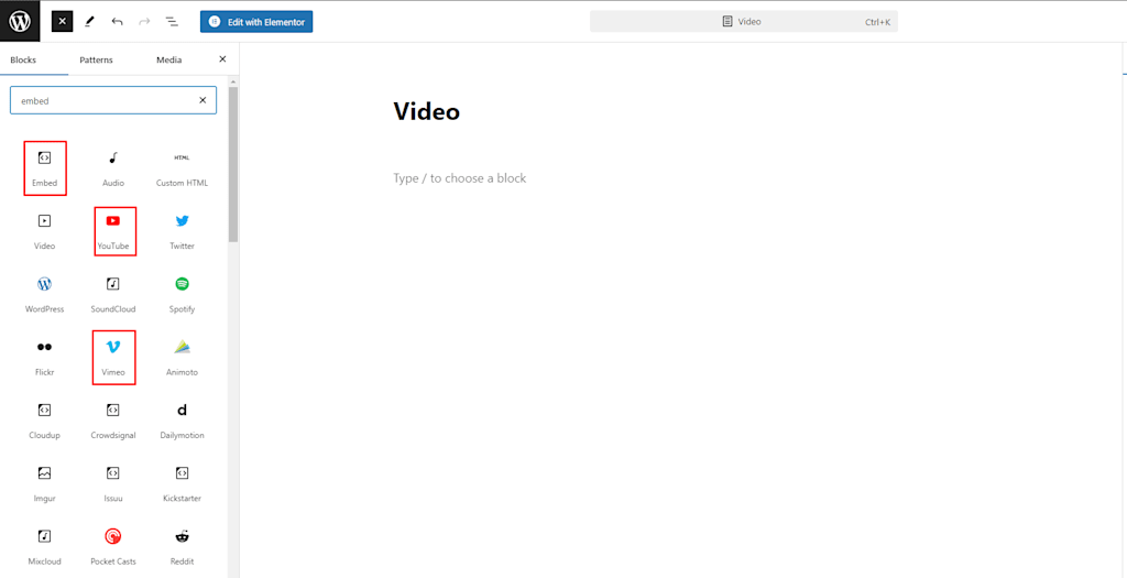 WordPress block editor embed block list