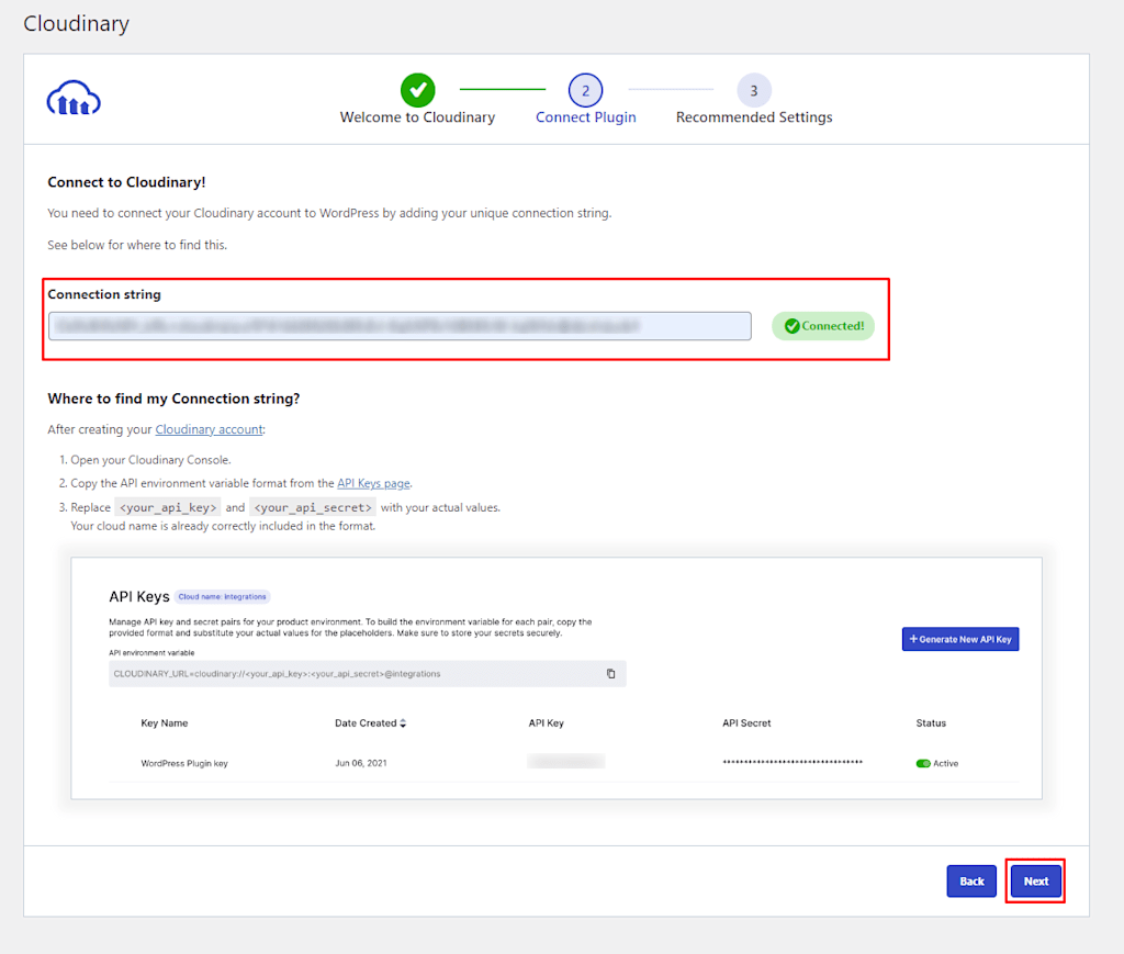 Step 2 of Cloudinary plugin setup, entering API credentials for connection