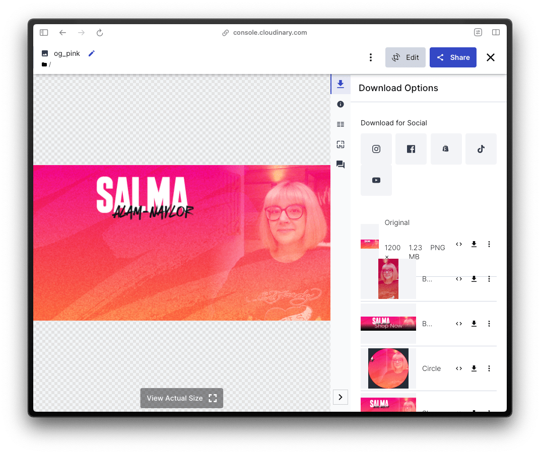 My base image in Cloudinary, showing download options, and some basic transformation options available within the Cloudinary app. I have changed the image name to og_pink.