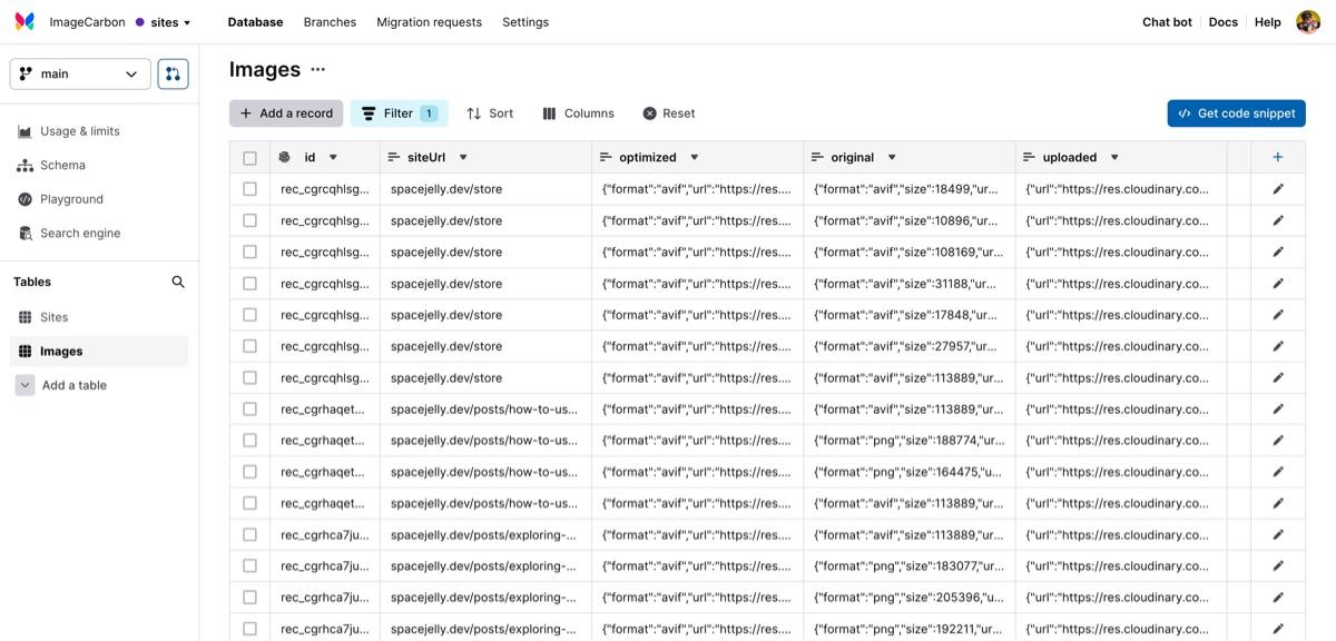 Images table showing stored data