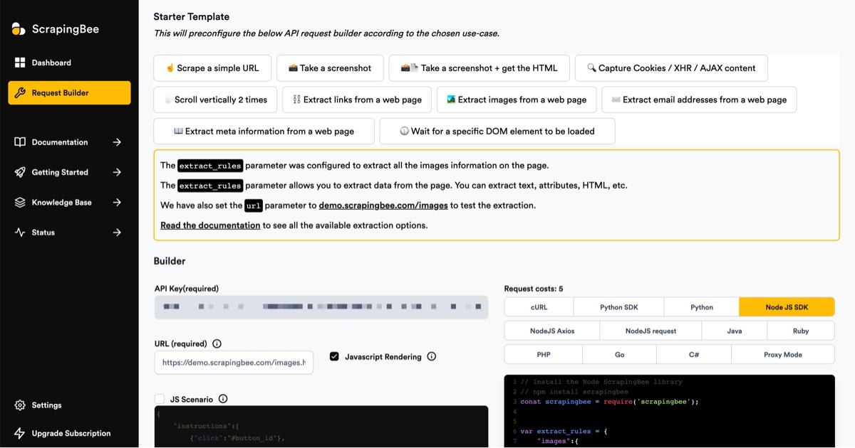 Scraping Bee request builder with images extracted