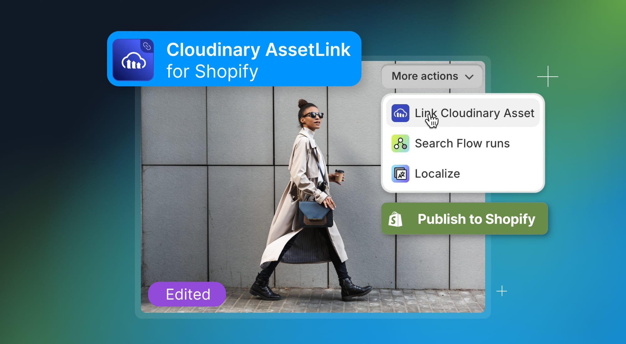 Image showing woman in trenchcoat walking with the Cloudinary Shopify app Assetlink displayed representing the Shopify DAM from Cloudinary