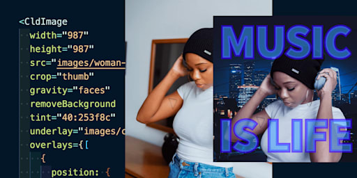 Code snippet showing transforming woman with headphones into square image with text