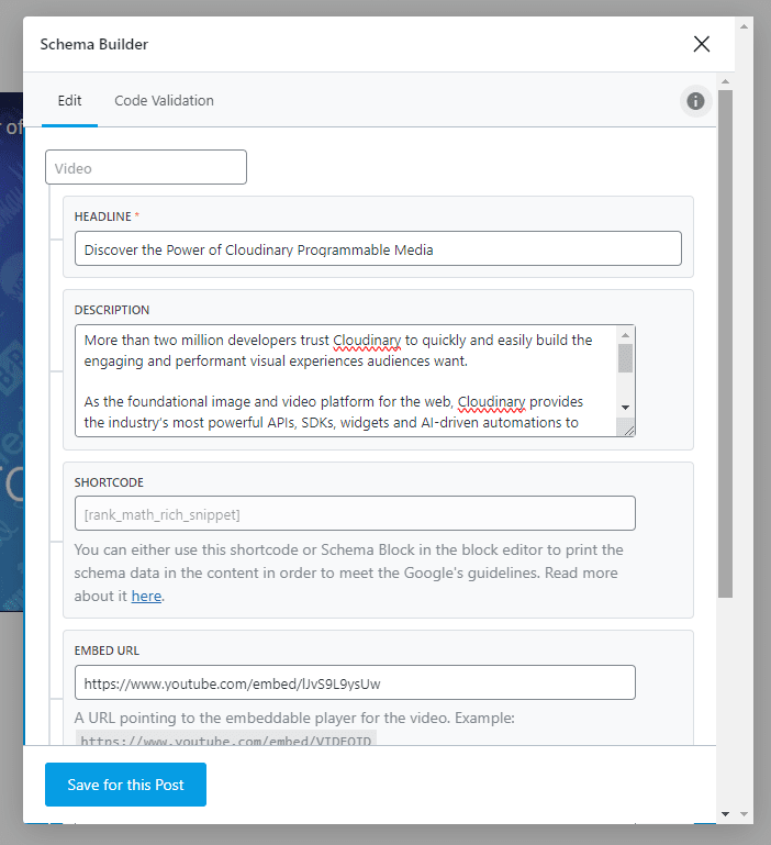 Rank Math schema builder form : Cloudinary Rank Math schema builder form