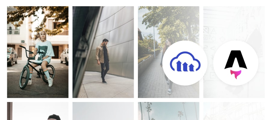 Grid of images showing clothing and fashion with Cloudinary and Astro logos