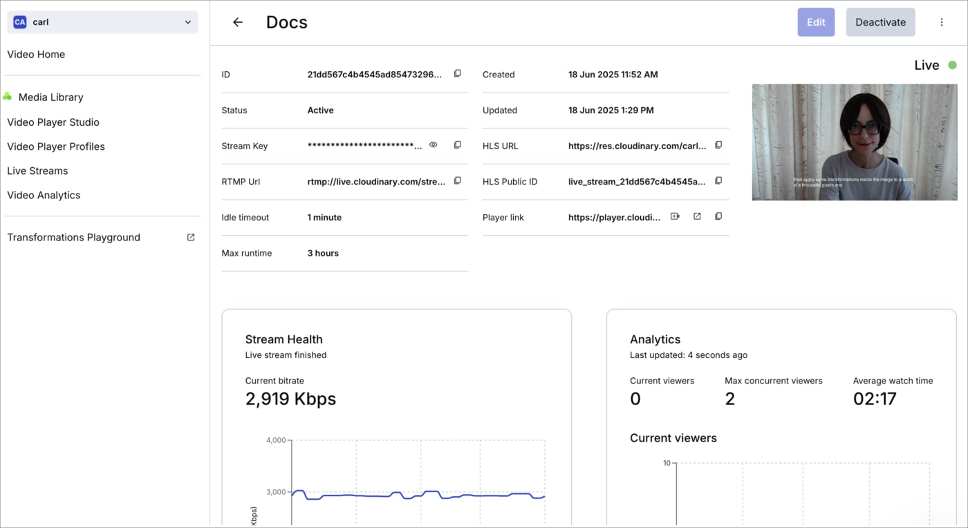 Live streaming UI in the Cloudinary Console