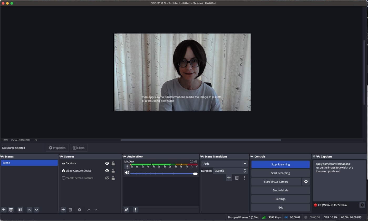 Live streaming software showing live captions being added