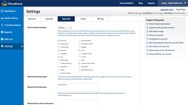 Cloudinary settings