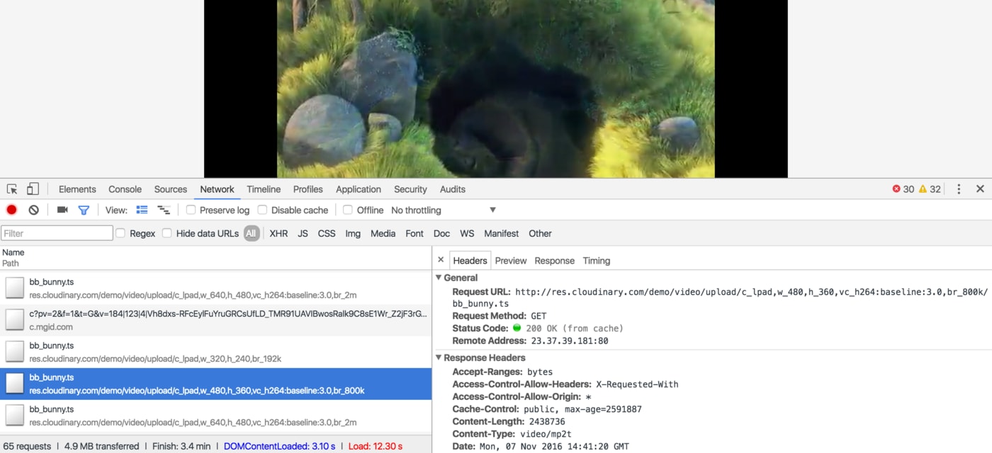 browser network console showing the active video representation