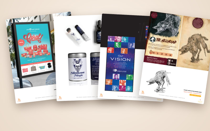 Branding portfolio spreads — Coral launch poster, Moonlight Magic packaging, Cirrus Logic environmental graphic, The Hellhound game art