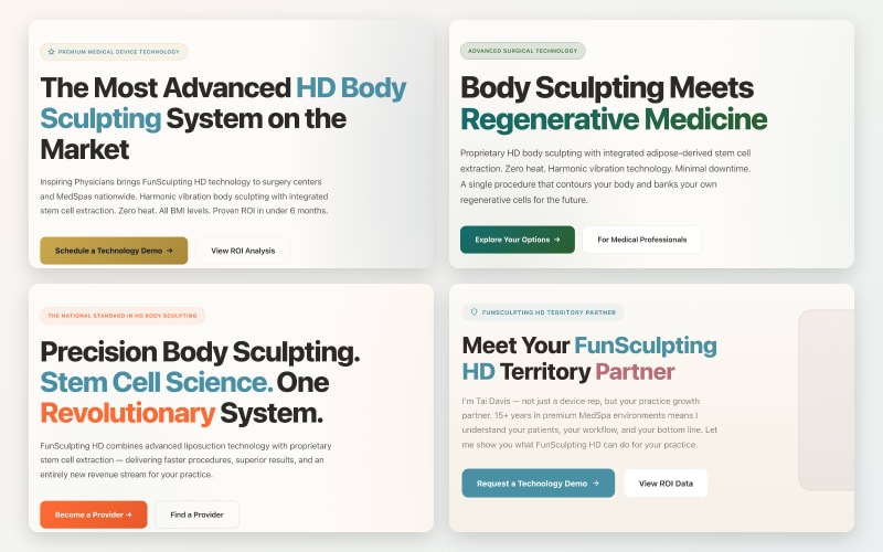 Homepage heroes for Inspiring Physicians, StemSculpting, FunSculpting, and The FunSculptress